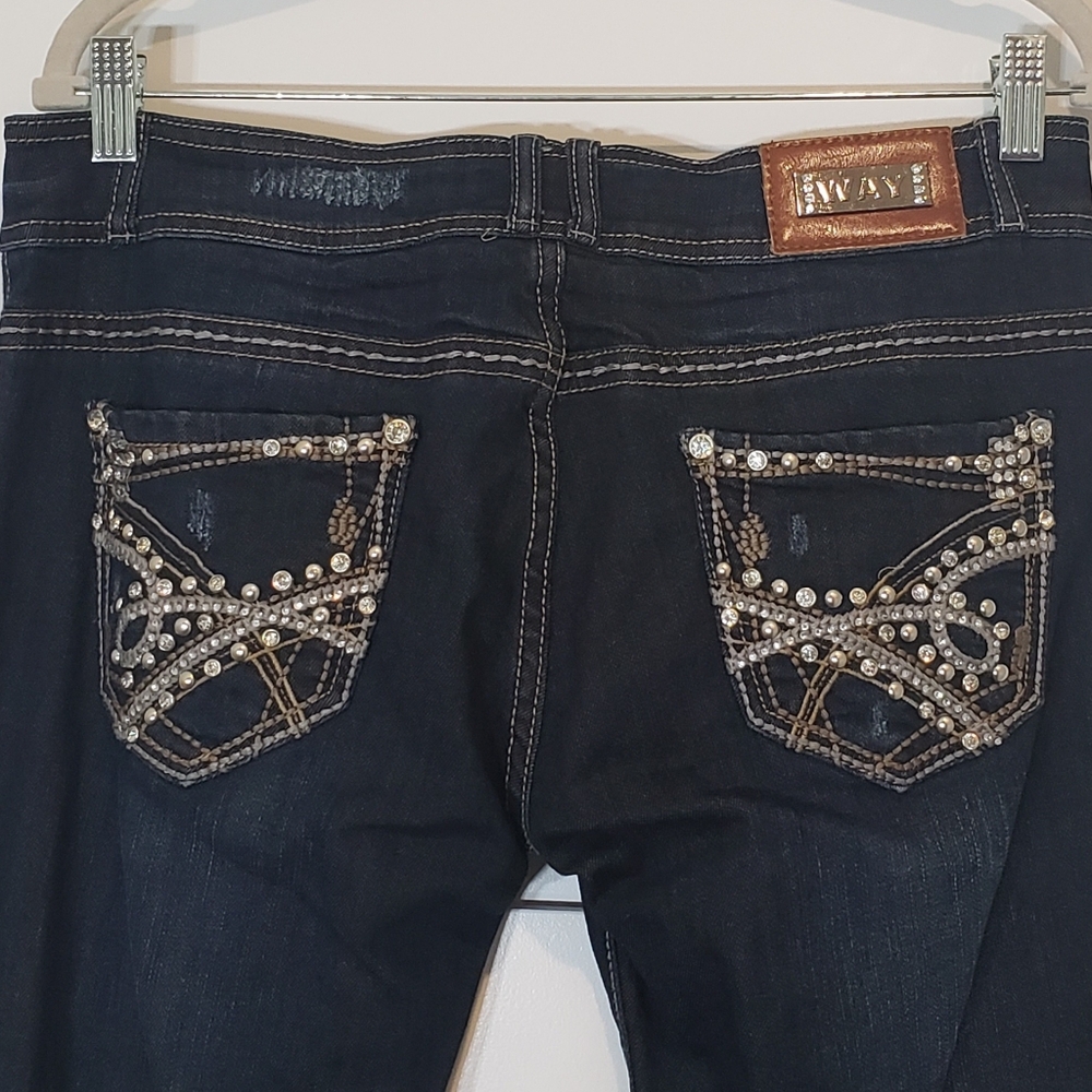 Way Jeans Blingy Faux Diamonds Boot Cut Lightly Distressed Stretch Size 11